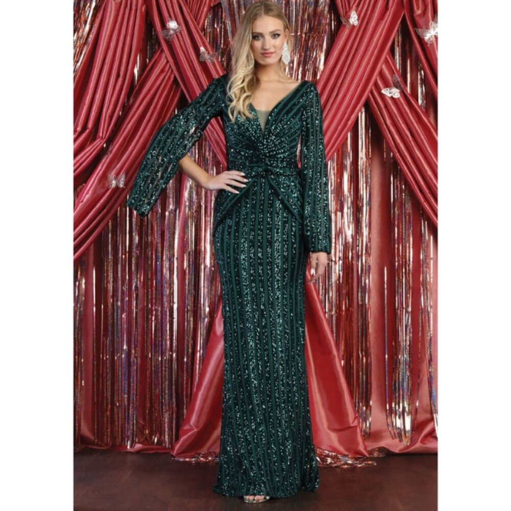 Hunter Green/Multi Pageant V-Neck Cape Sleeves Sheath Dress By May Queen MQ1986